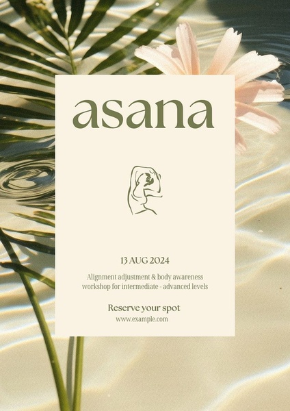 A clean, high-end 3:4 ad creative for a yoga workshop, utilizing neutral tones and organic imagery to convey professionalism and calm.